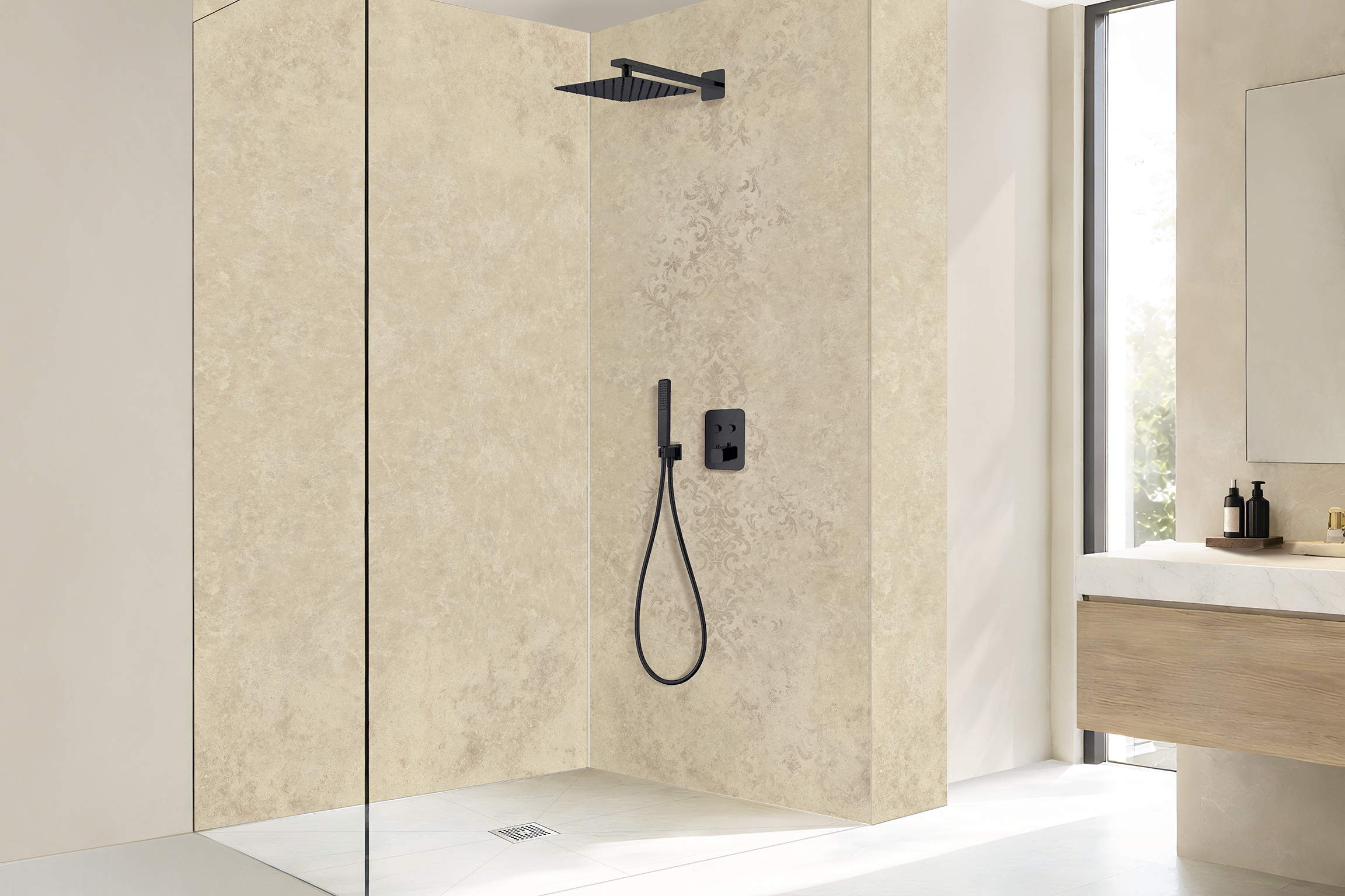 Panneau mural douche Décofast mineral Travertin Clair Floral design et étanche
