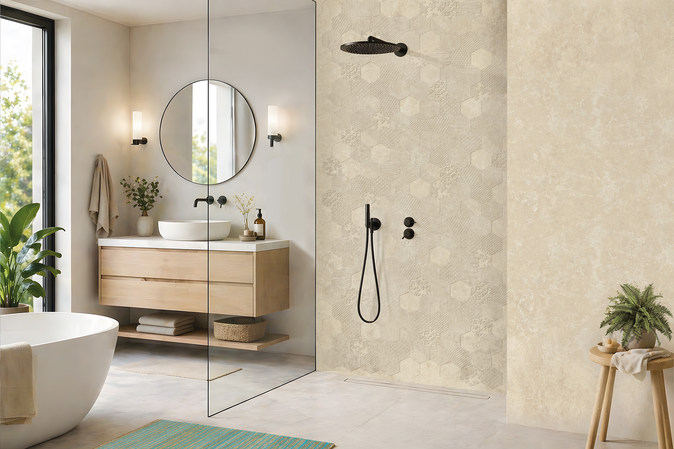 Panneau mural douche Décofast mineral Travertin Clair Geometrique design et étanche
