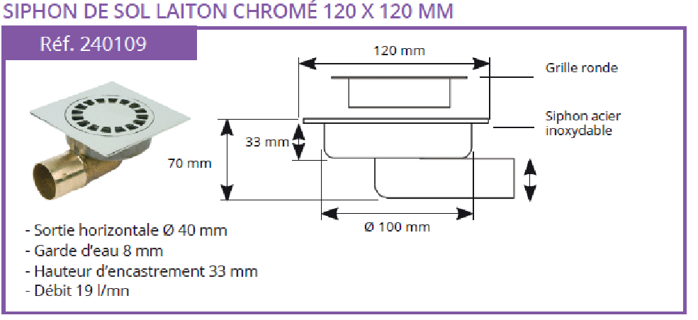 Siphon de sol laiton chromé Solusec Sortie Horizontale 120x120 - Lazer