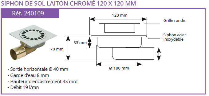 Siphon de sol laiton chromé Solusec Sortie Horizontale 120x120 - Lazer