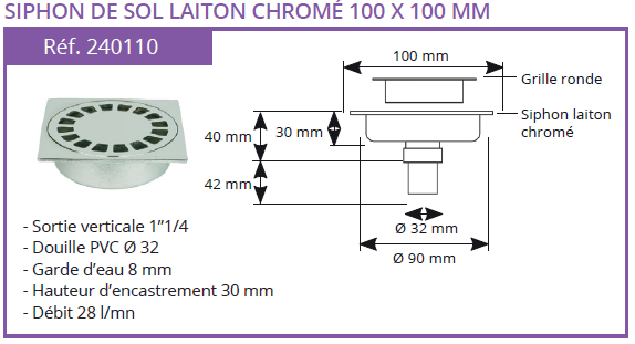 Siphon de sol laiton chromé Solusec Sortie Verticale 100x100 - Lazer