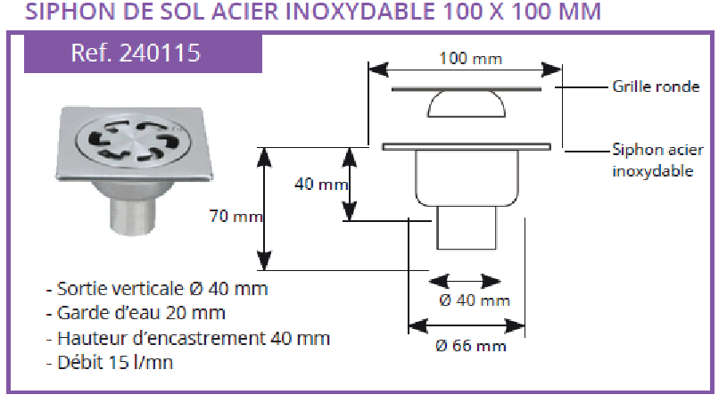 Siphon de sol inox vertical - Lazer