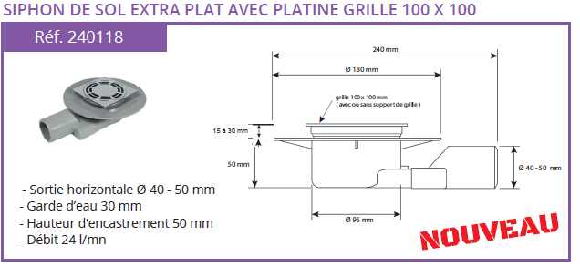 Siphon de sol PVC extra-plat avec grille patine - Lazer